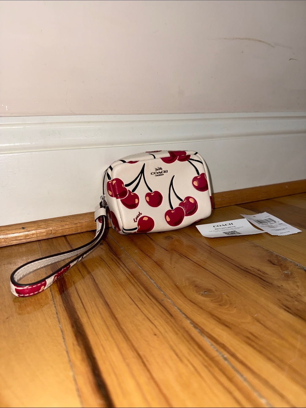 NWT Coach Cherry-Print Wristlet in Cream and Red - Picture 5 of 8